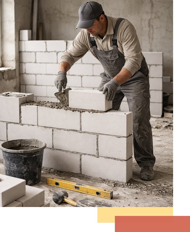 Кладка перегородок из силикатного блока в железнодорожном