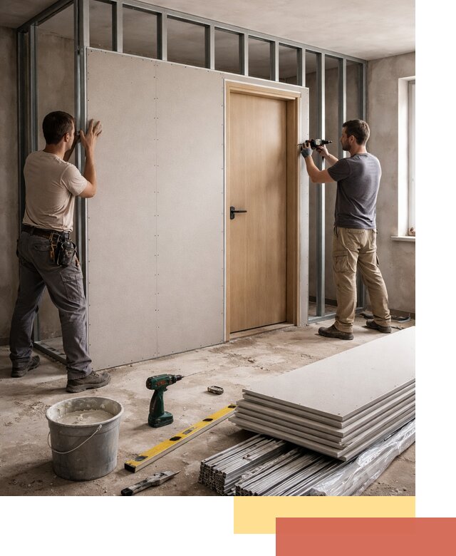 Перегородка из гипсокартона с дверью под ключ в железнодорожном