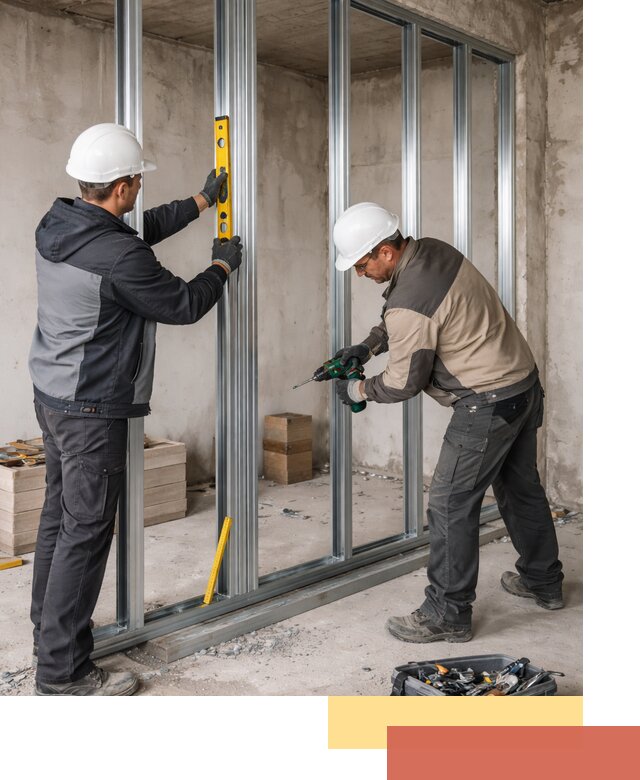 Монтаж каркаса перегородки из профиля в железнодорожном