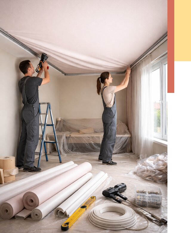 Монтаж цветного натяжного потолка в железнодорожном от 4307 руб/м² — быстро и недорого | ОТДЕЛОЧНИК-Жлз