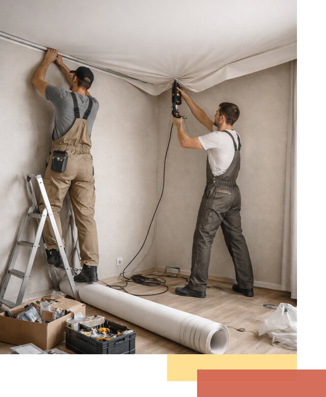 Монтаж цветного натяжного потолка в железнодорожном за один день