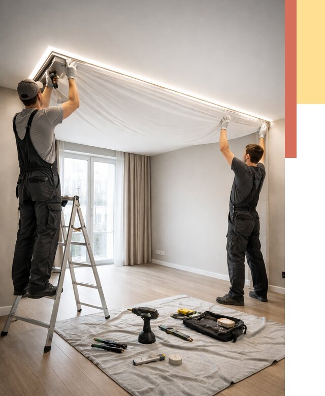 Монтаж парящего натяжного потолка в железнодорожном от 4614 руб. быстро и недорого | ОТДЕЛОЧНИК-Жлз