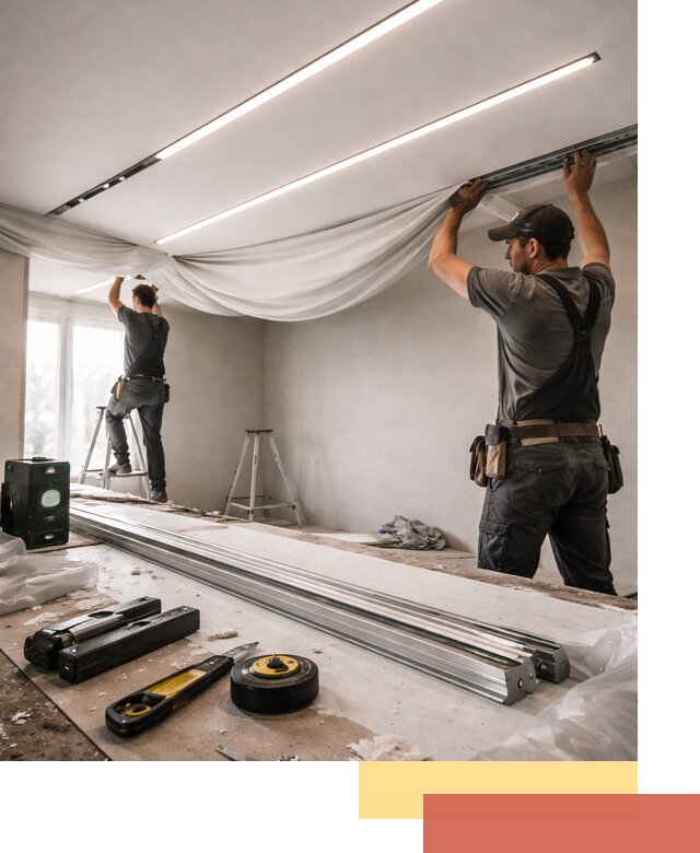 Монтаж натяжных потолков со световыми линиями в железнодорожном