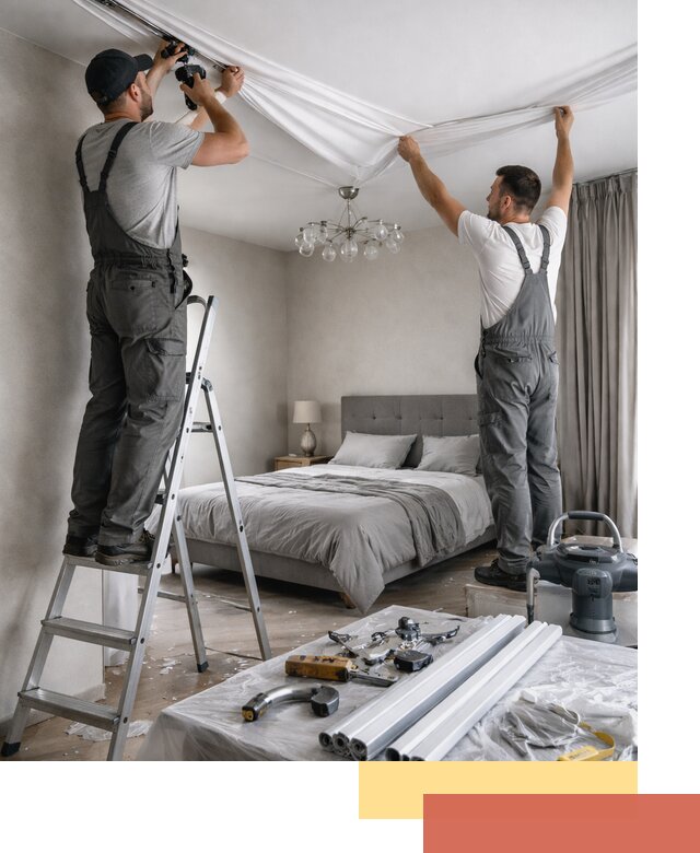 Монтаж натяжного потолка в спальне в железнодорожном