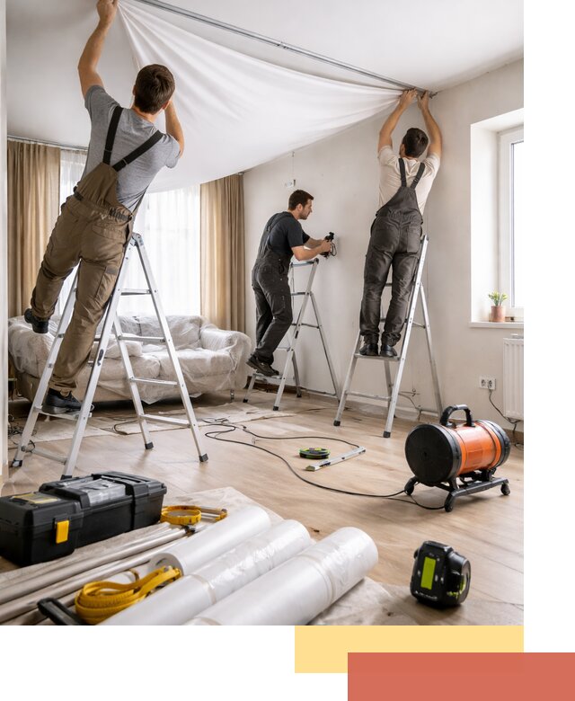 Монтаж натяжного потолка в гостиной в железнодорожном