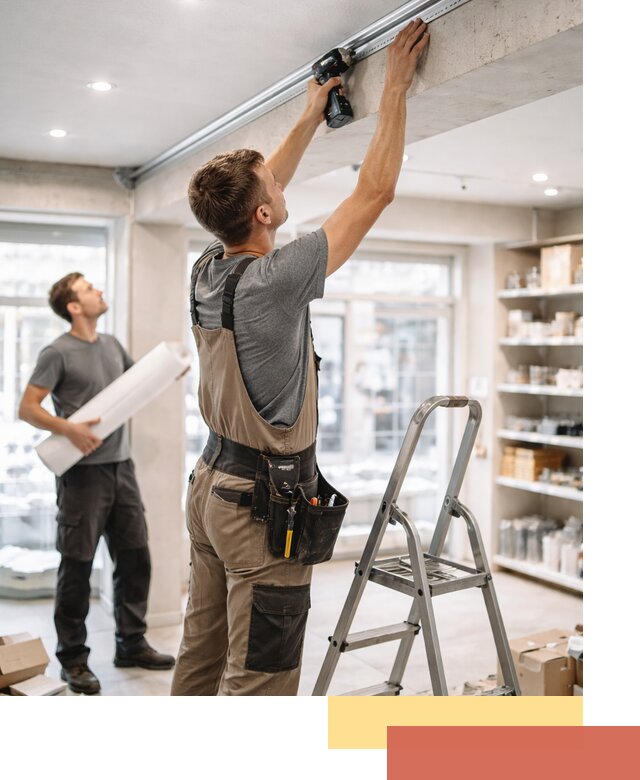 Монтаж натяжных потолков в магазине в железнодорожном