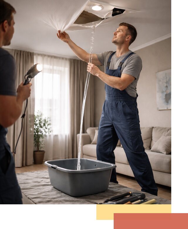 Слив воды с натяжного потолка в железнодорожном быстро и аккуратно