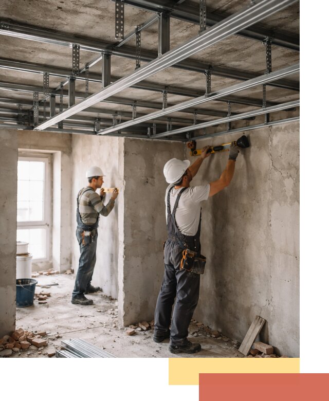 Монтаж каркаса потолка из профильного профиля в железнодорожном